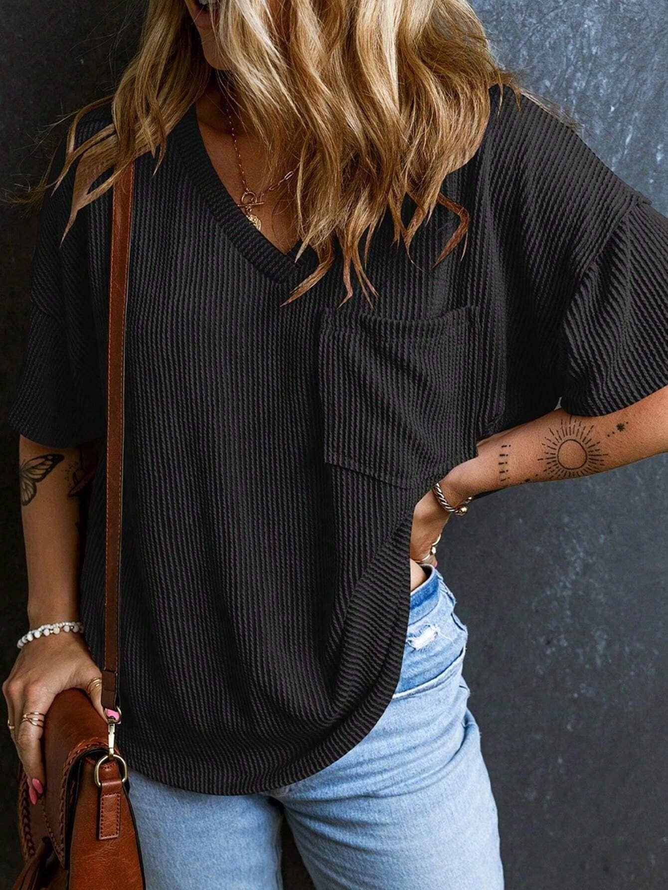 Women’s Ribbed V Neck Short Sleeve Pocket Tee: Black
