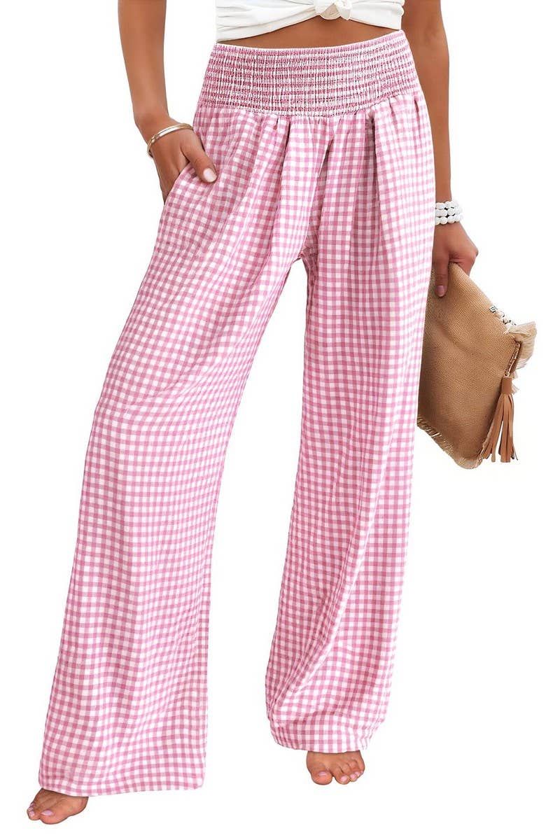 CWBLP01707_PLAID HIGH-WAISTED CASUAL WIDE-LEG PANTS