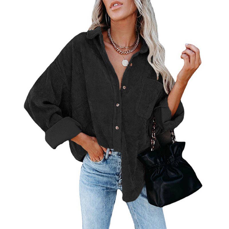 Oversized Corduroy Button-Up Shirt with Chest Pocket: Black