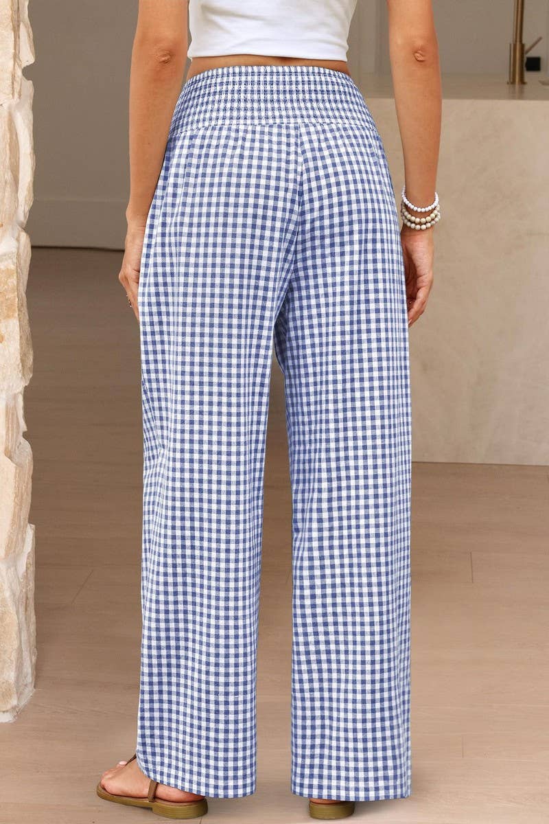 CWBLP01707_PLAID HIGH-WAISTED CASUAL WIDE-LEG PANTS