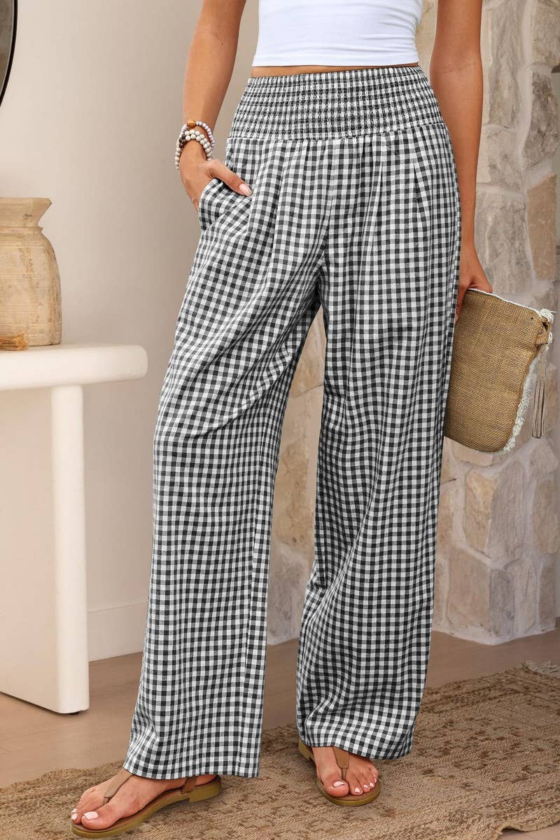 CWBLP01707_PLAID HIGH-WAISTED CASUAL WIDE-LEG PANTS