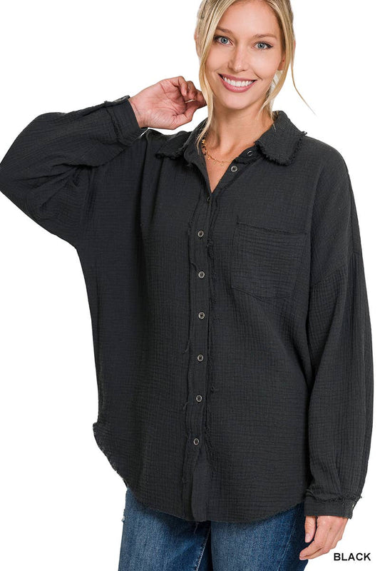 `Oversized Raw Edge Shirt W/ Back Patch: BLACK-147601