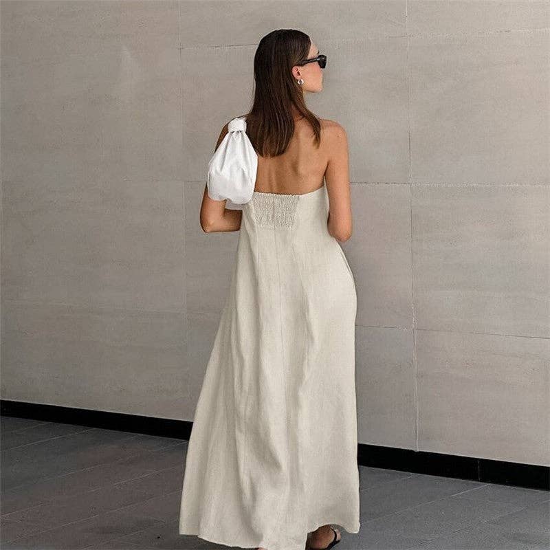 Khaki Casual Strapless Backless Maxi Dress: KHAKI