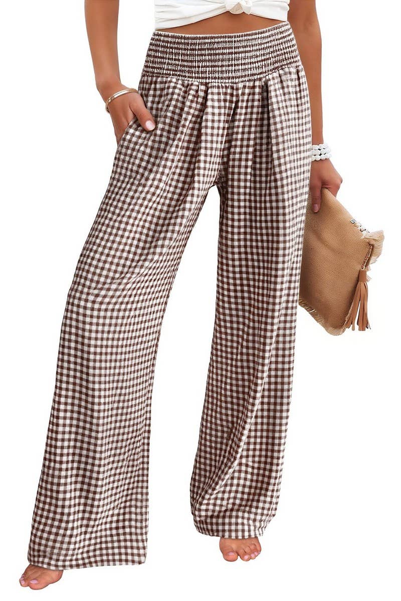 CWBLP01707_PLAID HIGH-WAISTED CASUAL WIDE-LEG PANTS