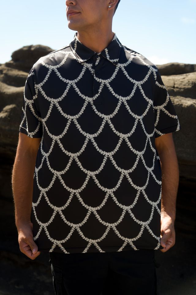 Men's Polo - Black Scalloped Pikake
