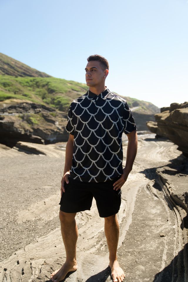 Men's Polo - Black Scalloped Pikake