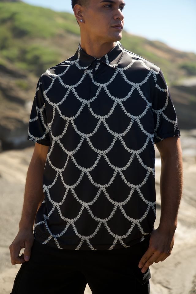 Men's Polo - Black Scalloped Pikake